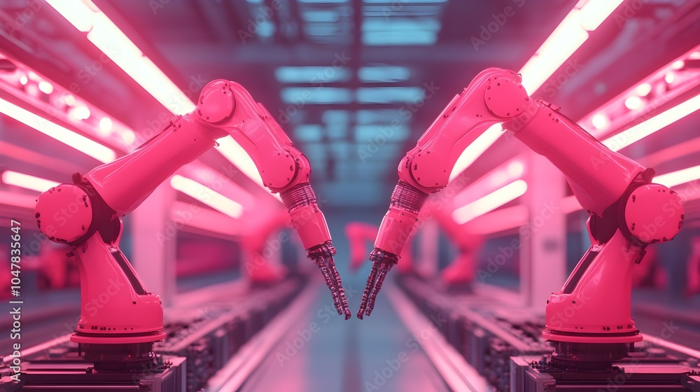 Poster automated robot arms meticulously disassembling and rebuilding a vehicle with neon lighting highligh