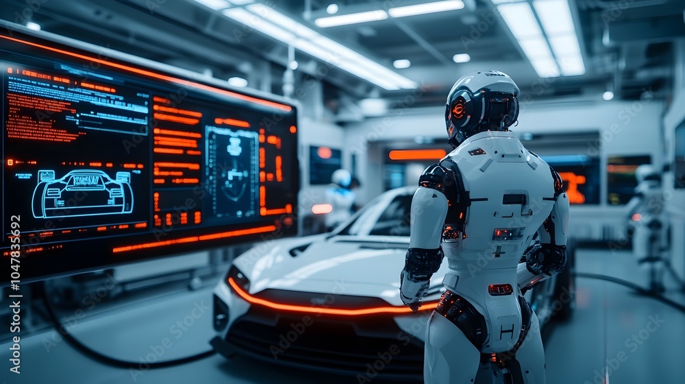 Poster robots collaborating to repair futuristic race car in hyper modern garage with holograms and tech sc