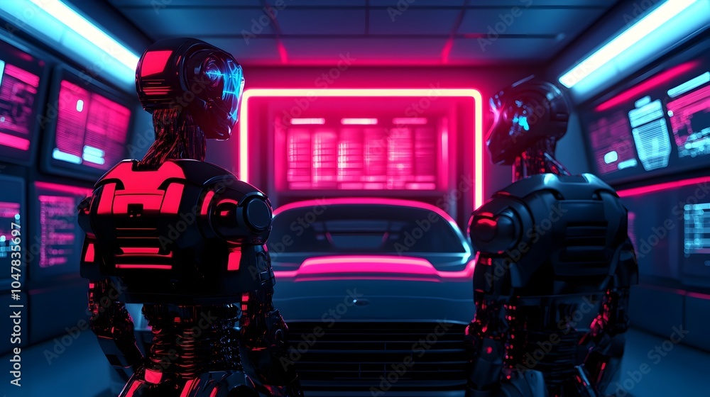 Poster a group of advanced robots collaborating to repair and maintain a cutting edge futuristic race car i