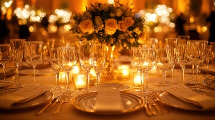 Formal corporate event with elegant dinnerware, candlelit tables, and luxurious floral centerpieces, isolated on white