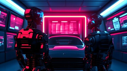 A group of advanced robots collaborating to repair and maintain a cutting edge futuristic race car in a sleek hyper modern garage setting