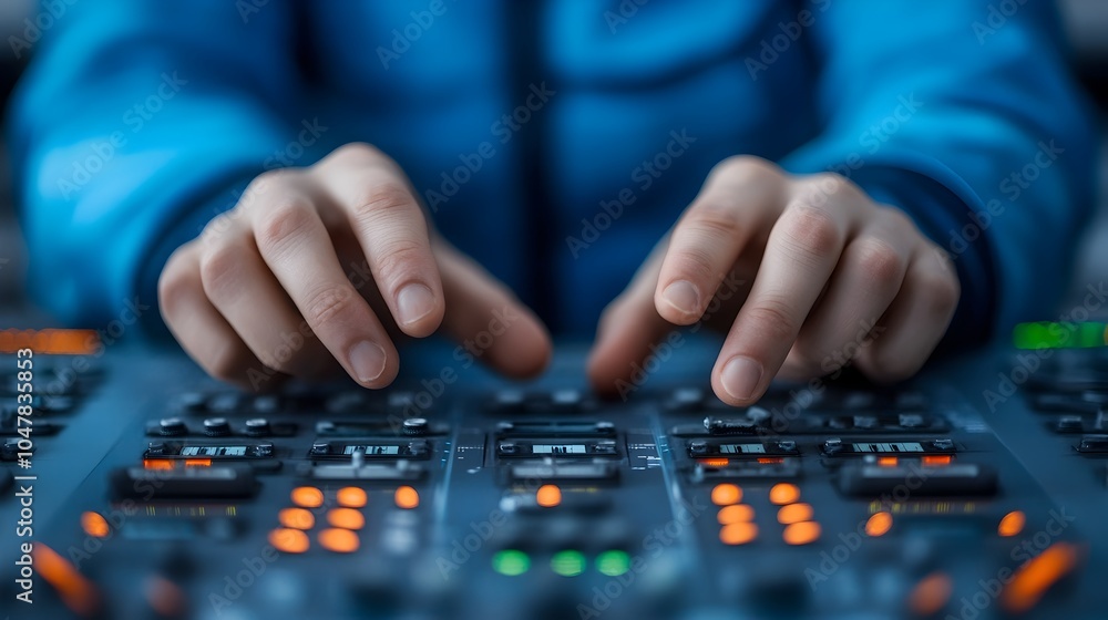 Poster close up view of an engineer s skilled hands carefully adjusting and maintaining the intricate fligh