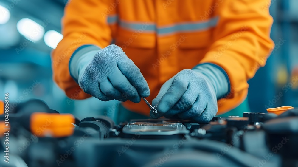 Poster close up view of an engineer s hands carefully replacing a worn gasket on mechanical parts using var
