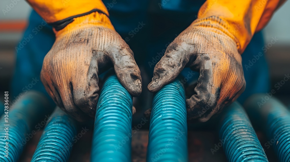 Poster close up image showcasing the intricate process of securing a hose within a hydraulic system highlig