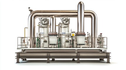 Industrial oil refinery cooling system with metallic pipelines, isolated on white background
