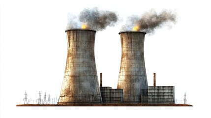 Industrial oil refinery cooling towers and exhaust flares, isolated on white background