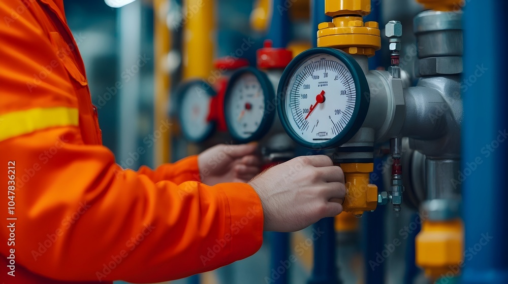 Aufkleber close up view of an engineer s hands testing the pressure of a hydraulic system with a focus on the 