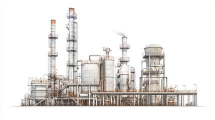 Obraz premium Industrial oil refinery structure with tanks and chimneys, isolated on white background