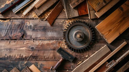Rustic Woodworking Tools and Sawdust on a Weathered Wooden Tabletop