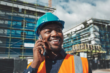 Black man, phone call and talking at construction site, outdoor and inspector for property plan....