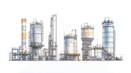 Industrial oil refinery towers and pressure vessels with safety platforms, isolated on white background