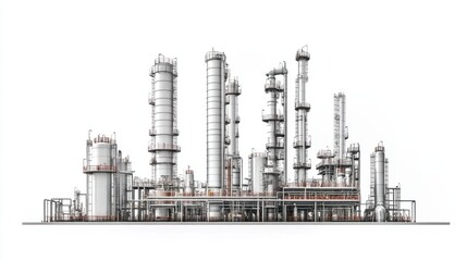 Industrial oil refinery towers and pressure vessels with safety platforms, isolated on white background