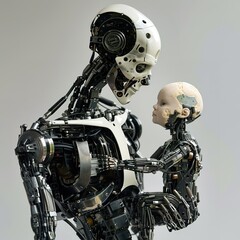 Fototapeta premium Humanoid mother robot holding her baby in her arms. The metallic skin has a smooth, shiny finish, with details that simulate human features such as large, expressive eyes. Family of the future