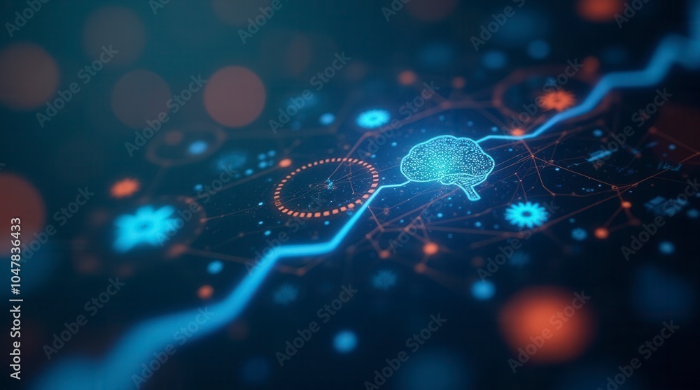 Poster machine learning process infographic with copy space technology concept blurred background