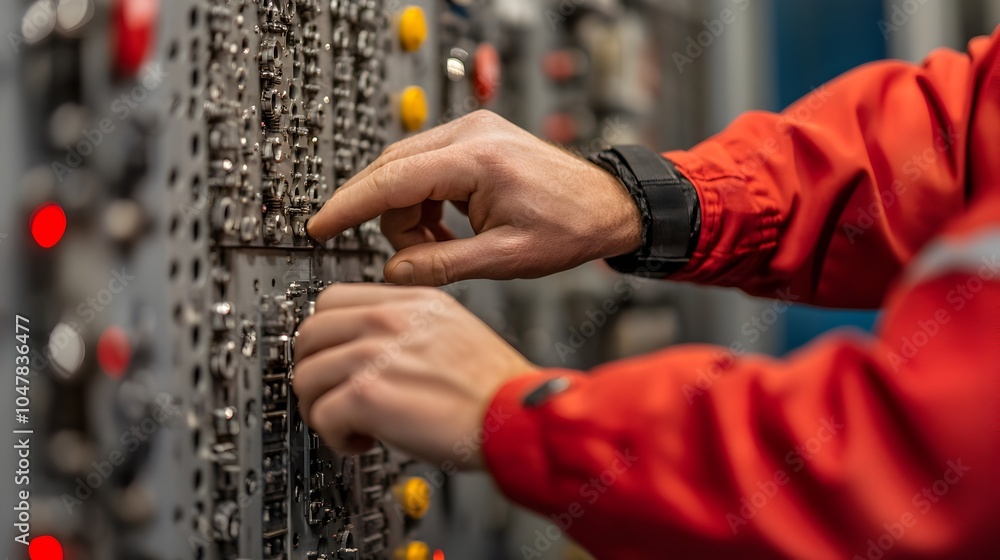 Poster close up view of human hands adjusting a propeller blade pitch control mechanism focusing on the int