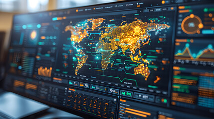 A data analytics dashboard showing a glowing global map, charts, and graphs, representing international data, trends, and digital insights