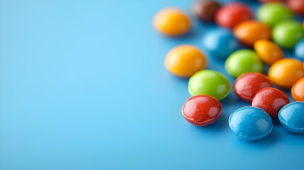 Assorted Colorful Candies Spread on a Bright Blue Surface with Ample Space for Text or Design Elements