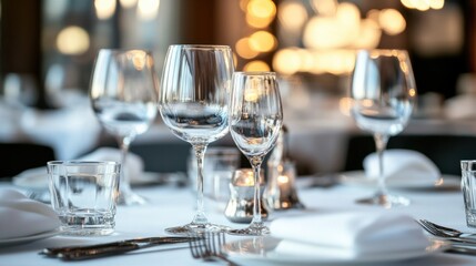 Large corporate event hall with ambient lighting and sophisticated dinner setups, featuring crystal glassware and silver accents, isolated on white