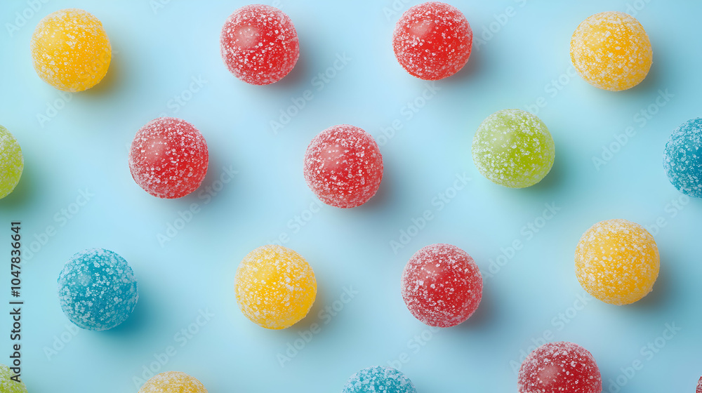 Poster assorted colorful candies on light blue background with ample copy space for text