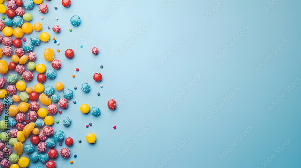 Poster assorted colorful candies on light blue background with copy space for text