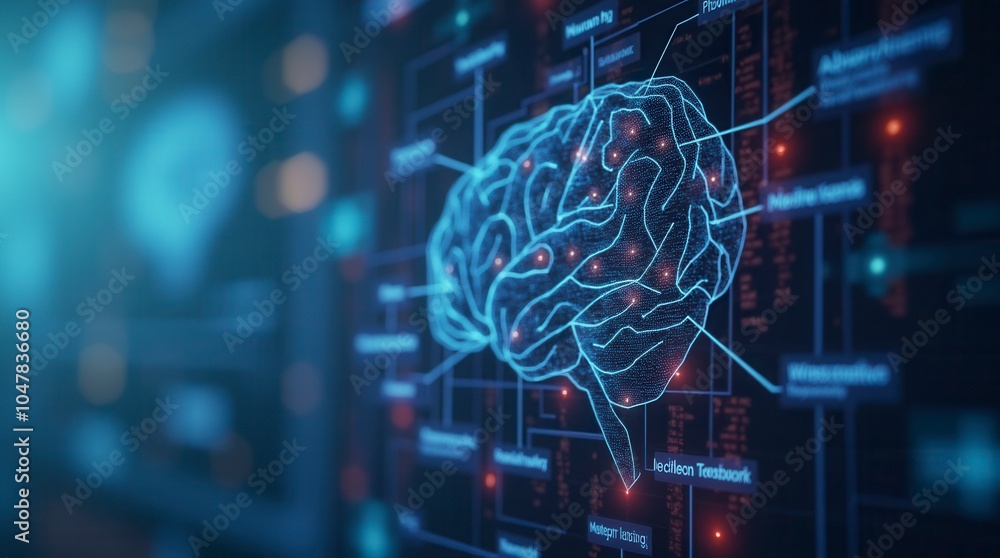 Poster machine learning process infographic with copy space technology concept blurred background