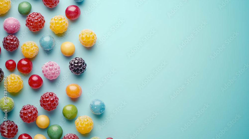 Poster assorted colorful candies on light blue background with ample copy space for text