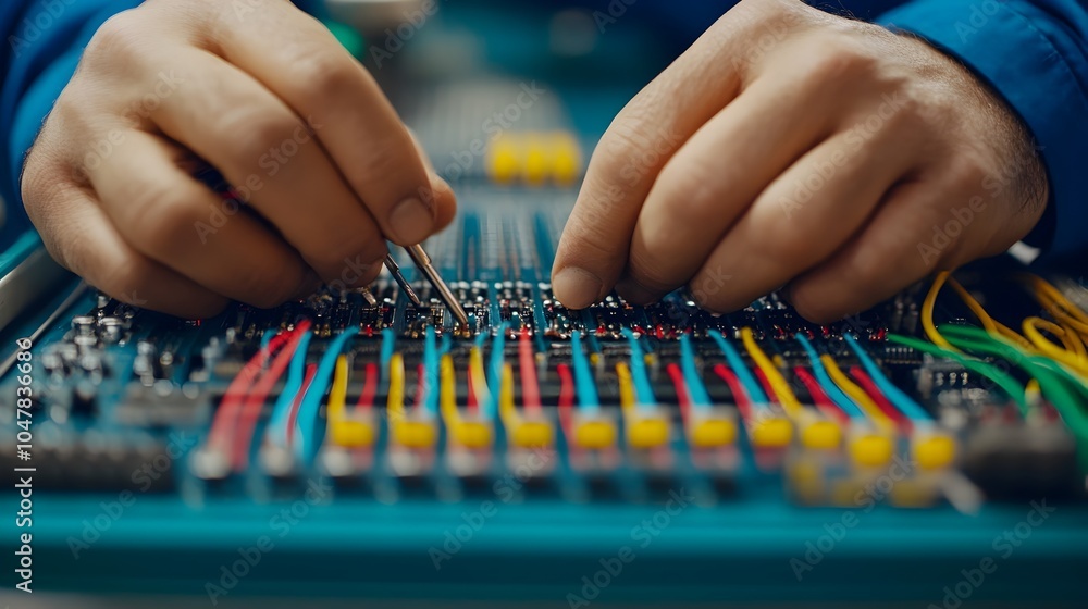Poster close up view of hands meticulously soldering wires and components inside the control panel of an ai