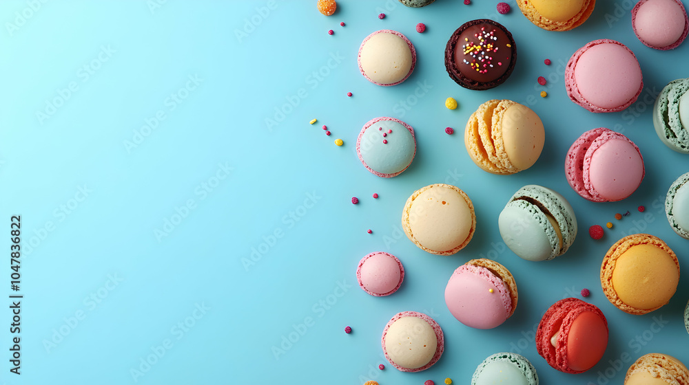 Poster vibrant assorted sweets in bright colors with copy space for text on a white background