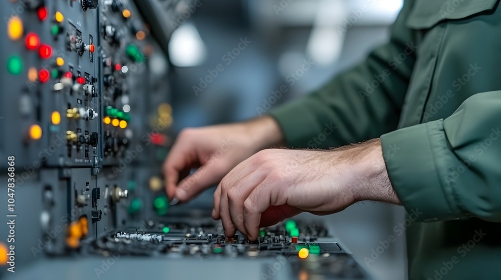 Poster close up view of an engineer s hands meticulously adjusting wires and connectors within an aircraft 