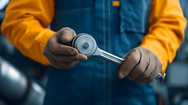 Close up view of an experienced engineer s hands carefully using a specialized torque wrench to tighten bolts on the intricate components of a jet engine