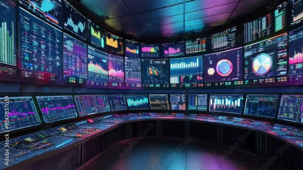 Poster high-tech control room with multiple screens displaying data analytics and financial graphs at night