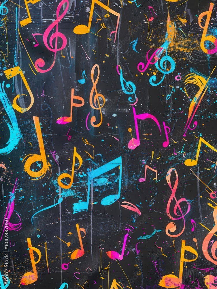 Aufkleber a chalkboard features a playful mix of colorful brushstrokes intertwined with musical notes, inspiri