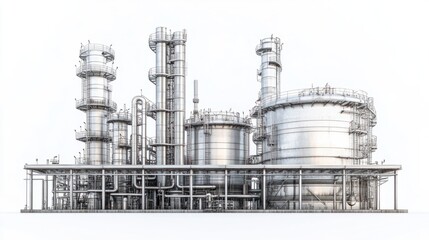 Large oil refinery storage tanks with metal pipelines and valves, isolated on white background