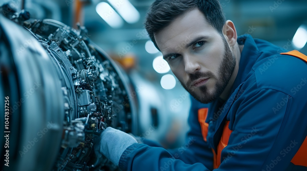 Poster a hardworking engineer meticulously adjusting various parts of a jet engine in a dimly lit repair ha