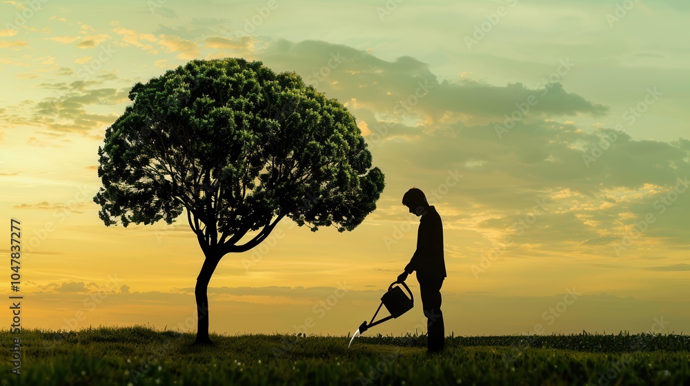 Poster a man waters a tree resembling a brain at sunset, representing the nurturing of intellect, creativit