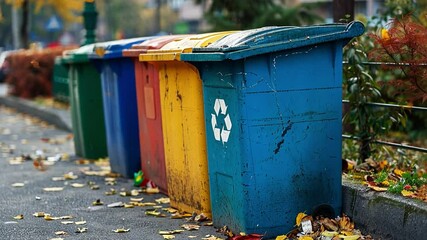 A row of brightly colored recycling bins sits beside a sidewalk, surrounded by fallen leaves. The urban environment emphasizes community initiatives for waste segregation and recycling.