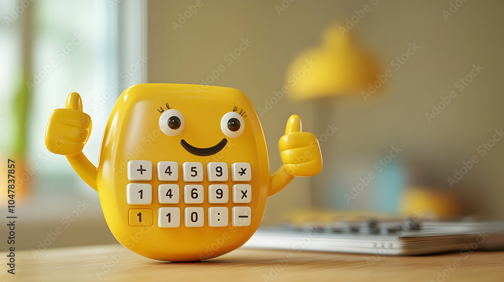 Poster cheerful calculator character expressing positivity and joy with bright colors and friendly expressi