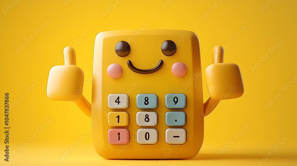 Poster cheerful calculator character displaying positivity with a bright smile and vibrant colors in a play