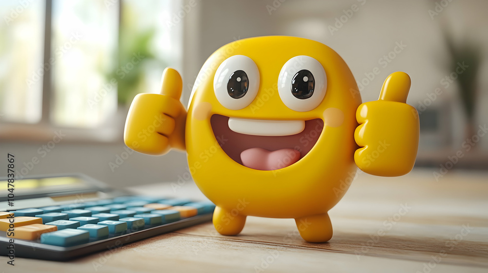 Poster cheerful calculator character expressing positivity with a bright smile and vibrant colors in a play