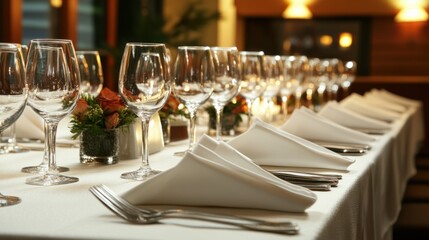Long banquet table with elegant table settings and dim, cozy lighting at a corporate event venue, isolated on white