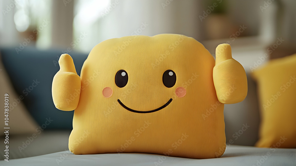 Poster cheerful pillow character embodying positivity and joy with a bright expression against a soft backg