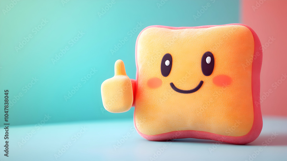 Poster cheerful pillow character expressing positivity with a bright smile and colorful design against a so