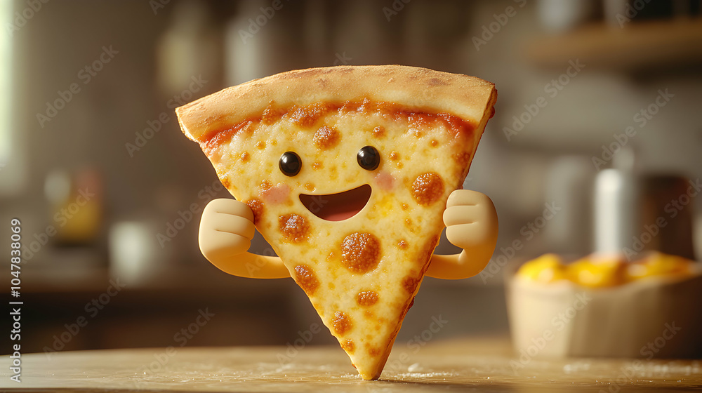 Poster cheerful pizza slice character giving a thumbs-up gesture in a fun and playful setting