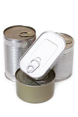 A Group of Stacked Tin Cans with Blank Edges Isolated on White Background. Canned Food. Different Aluminum Cans for Safe and Long Term Storage of Food. Steel Sealed Food Storage Containers - Isolation