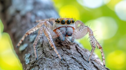 Fototapeta premium A white and orange jumping spider with large eyes perched on a tree branch.