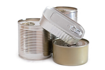 A Group of Stacked Tin Cans with Blank Edges Isolated on White Background. Canned Food. Different Aluminum Cans for Safe and Long Term Storage of Food. Steel Sealed Food Storage Containers - Isolation