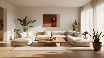Fototapeta premium Serene Minimalist Living Room with Neutral Palette, Wooden Coffee Table, and Indoor Greenery Generative AI