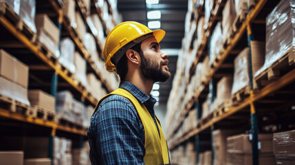 Worker wearing a hard hat and vest stands in a warehouse aisle, looking at shelves. Concept focuses on industrial safety and logistics. For work safety materials