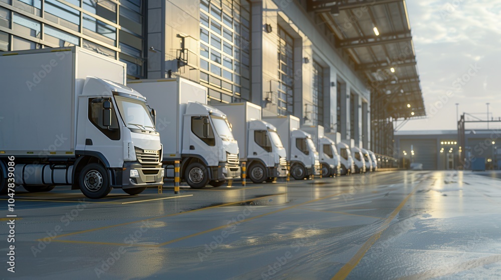 Poster numerous trucks and vans line up outside a large warehouse, prepared for the day's loading activitie