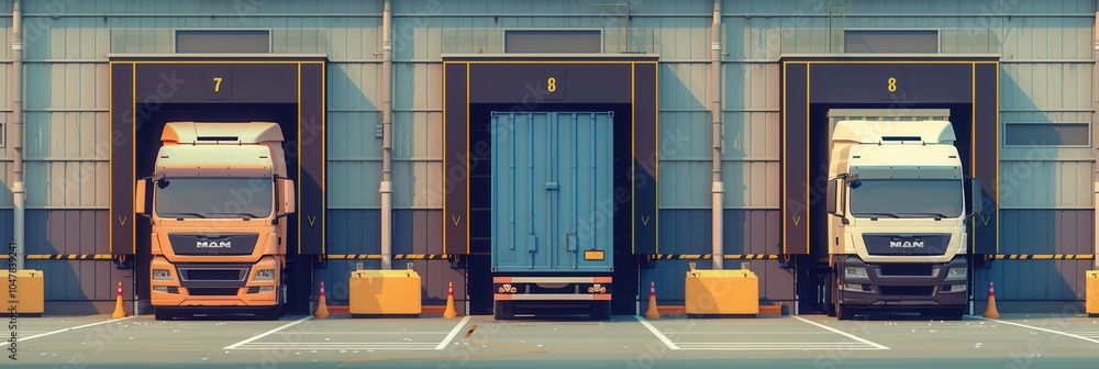 Leinwandbilder several trucks and vans are lined up at loading docks of a warehouse, poised for loading and distrib